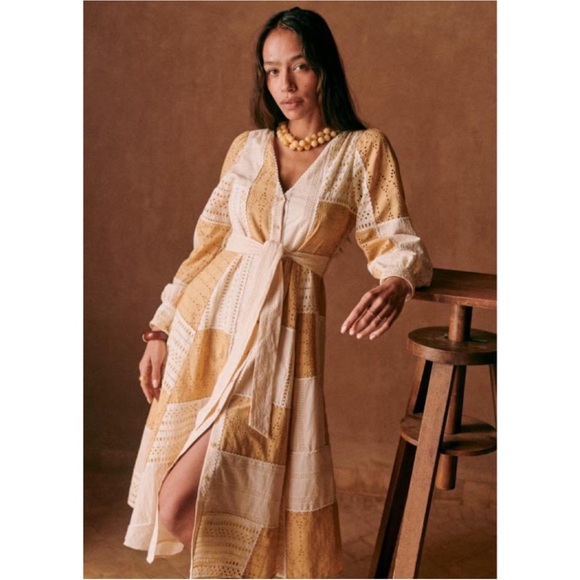 SEZANE Eyelet Patchwork Midi Dress Matissa Long Sleeve Cottagecore Peasant 4 US - Picture 15 of 16